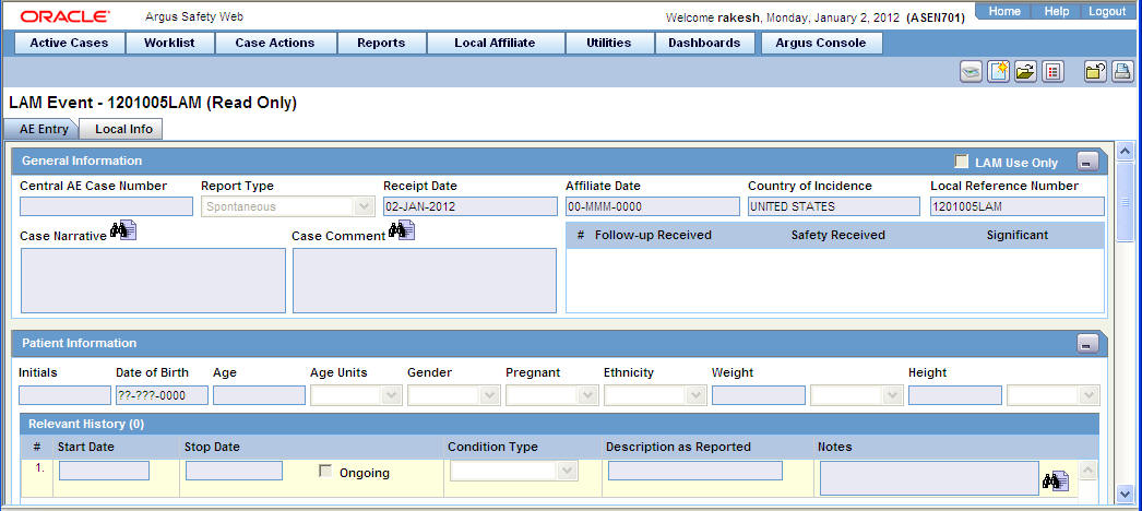 LAM Event - AE entry tab