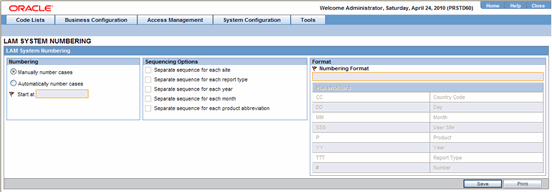 LAM System Numbering screen