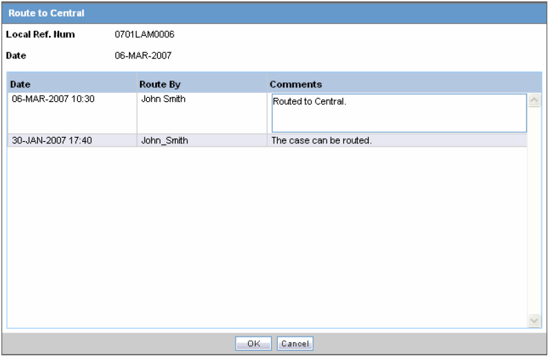 Route to Central dialog box Route to Central dialog box