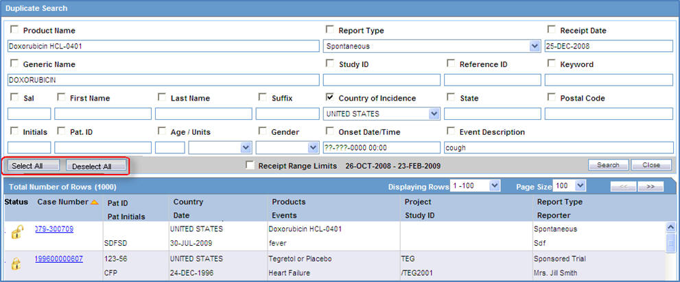 Duplicate Search screen