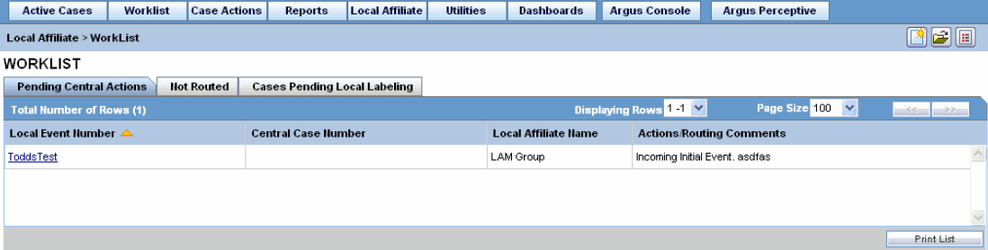 Pending Central Actions tab Pending Central Actions tab