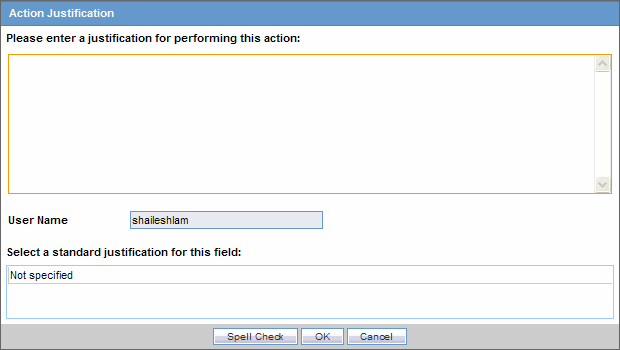 Action Justification dialog box