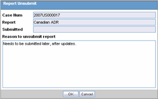 Report Unsubmit dialog box Report Unsubmit dialog box