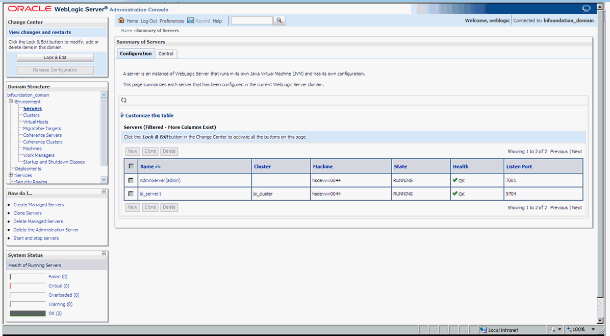 Summary of Servers - Configuration tab