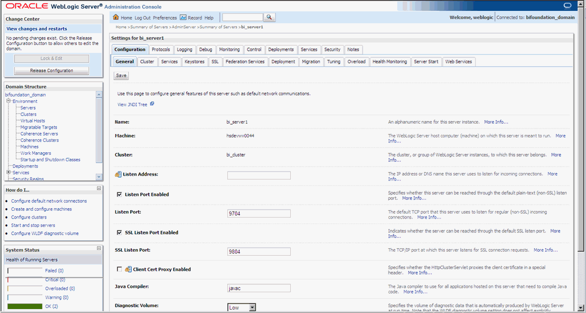 Settings for bi_server1 - Configurations - General tab