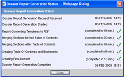 Dossier Report Generation Status dialog box