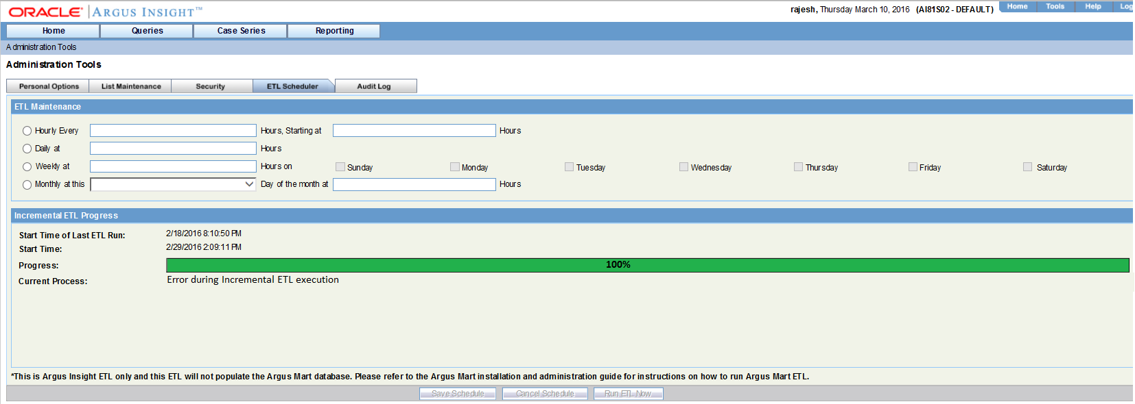 Incremental ETL Execution Progress screen