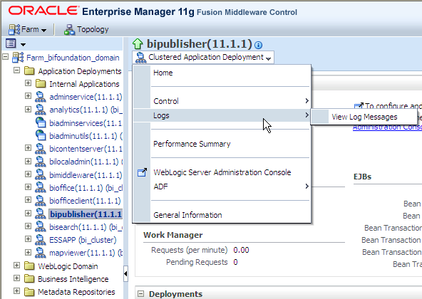 Oracle Business Intelligence Publisher Logs drop-down menu