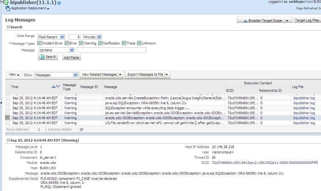Oracle Business Intelligence Publisher Log Messages screen
