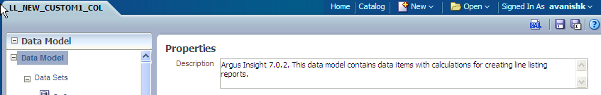 Data Model Properties screen