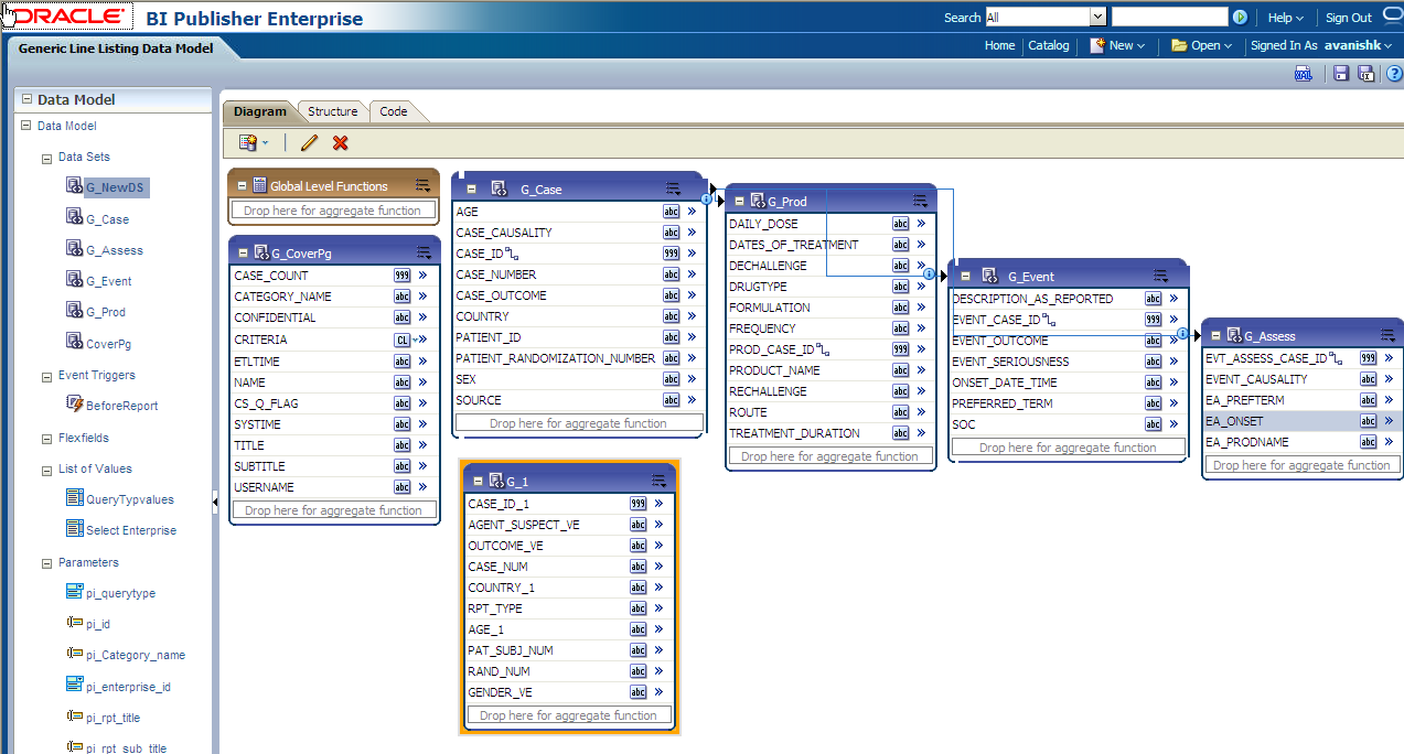 Updated BI Publisher Data Model screen