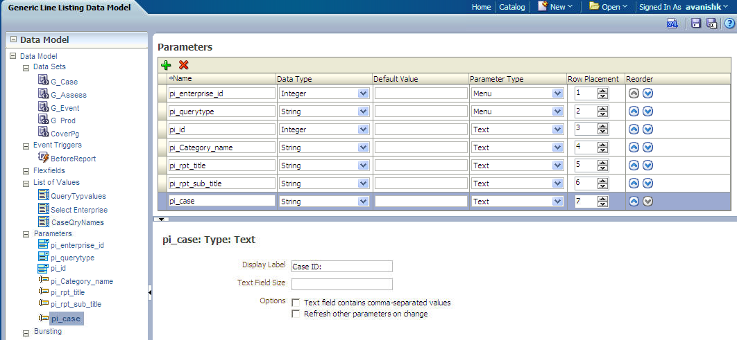 Parameters screen