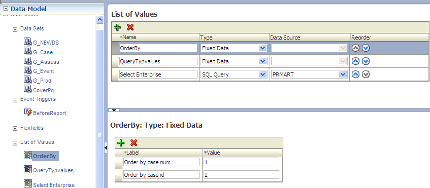 List of Values screen