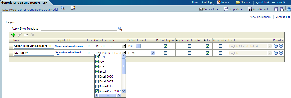 Default Report and Output Format options