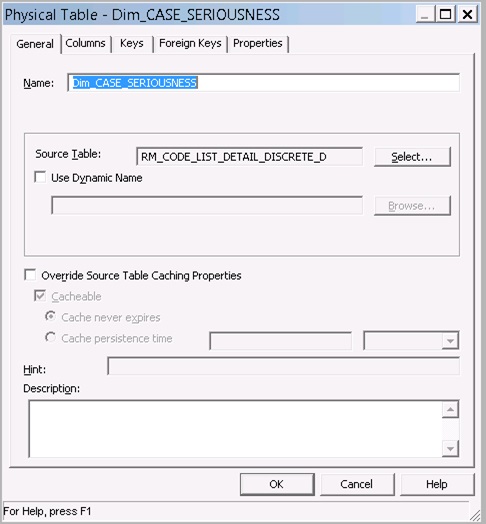 Physical Table Dimension Properties dialog box