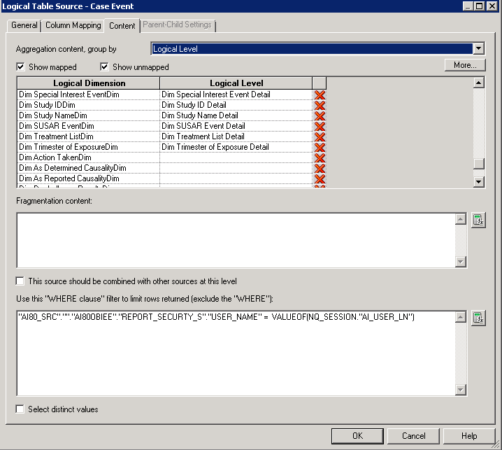 Logical Table Source screen