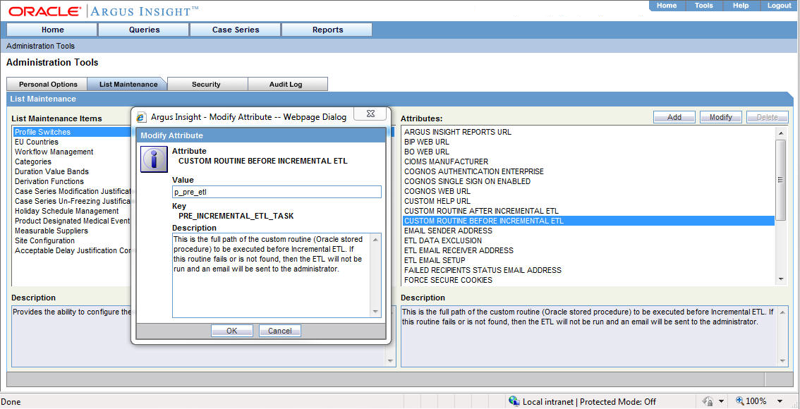 Custom Routine Modify Attributes dialog box