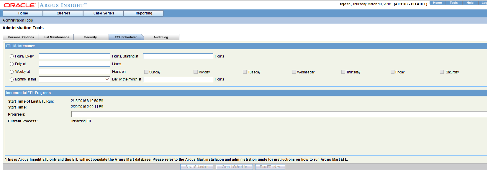 Administration Tools ETL Scheduler tab