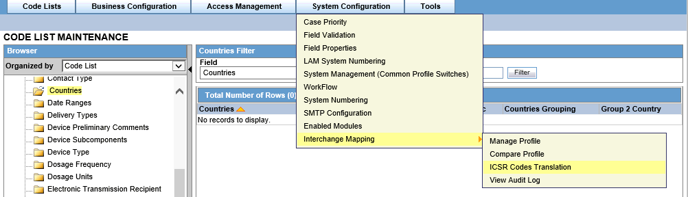 Navigation to Interchange Mapping drop-down menu