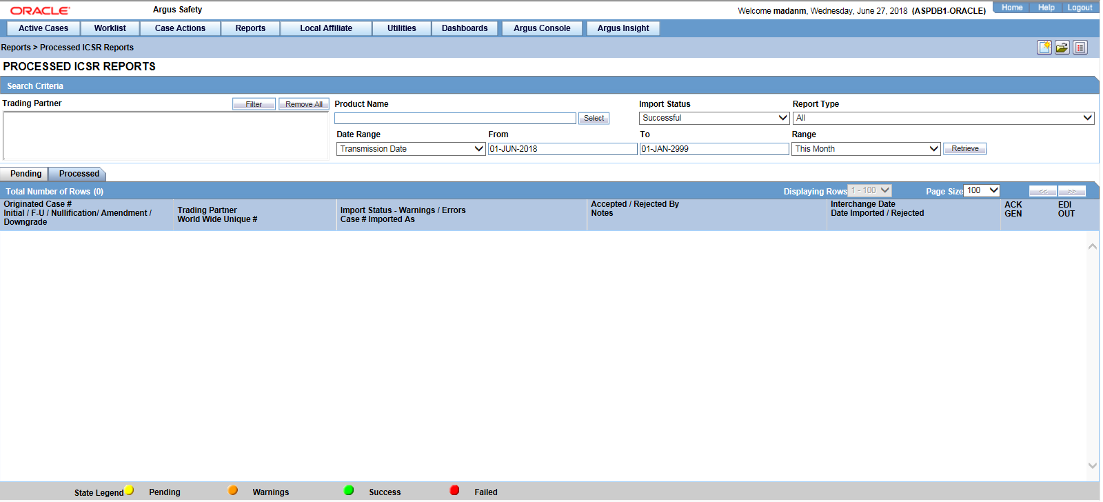 Processed ICSR Reports screen