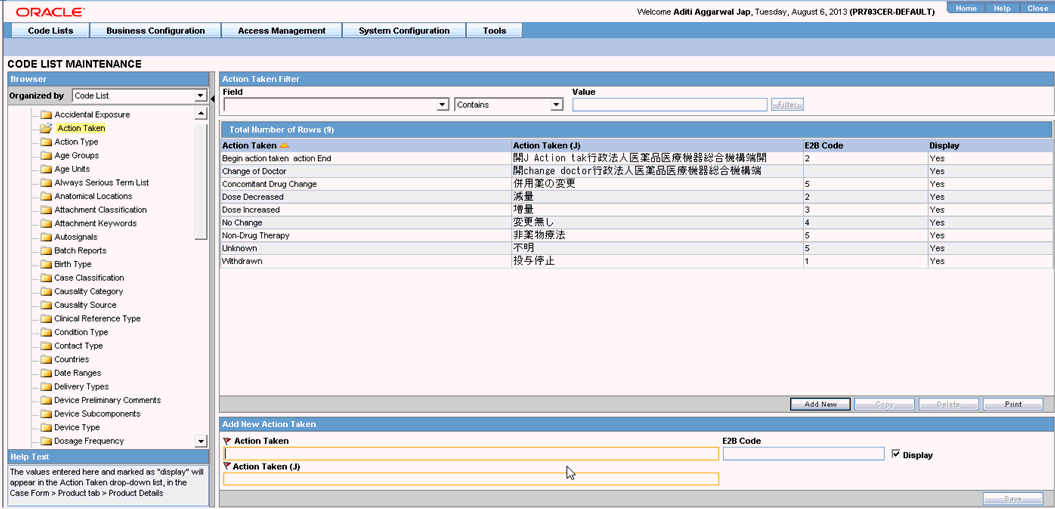 Configure Action Taken screen