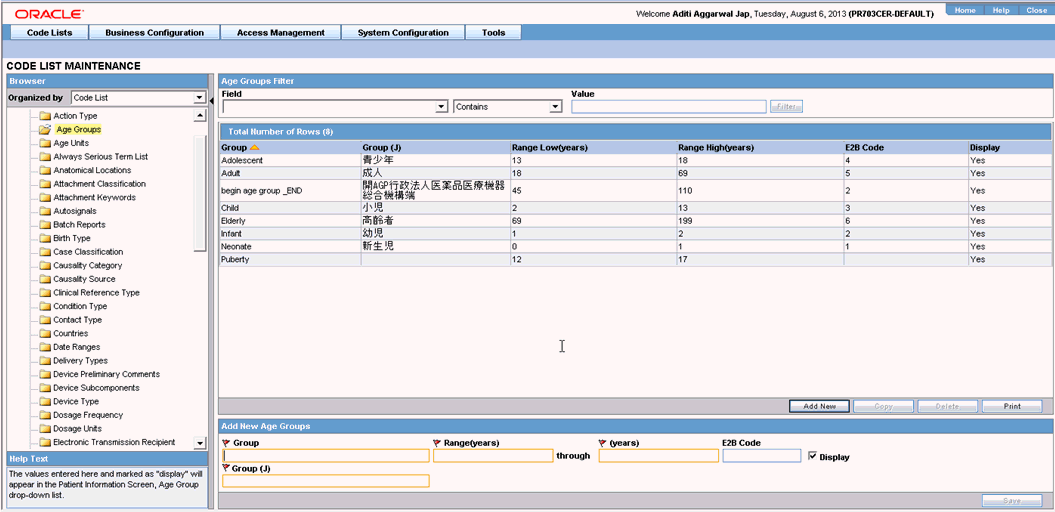 Configure Age Groups screen