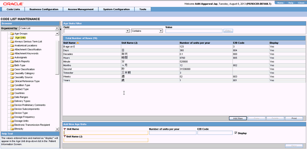 Configure Age Units screen