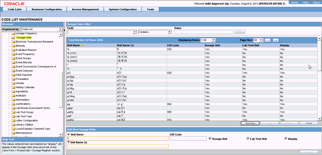 Configure Dosage Units screen