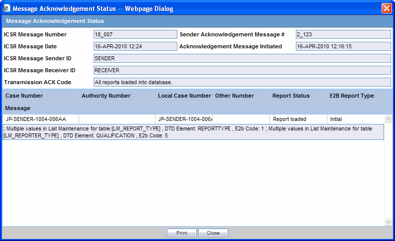 Message Acknowledgment dialog box