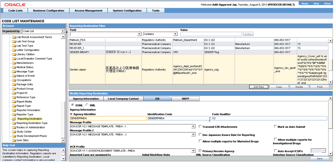 Modify Reporting Destination EDI tab