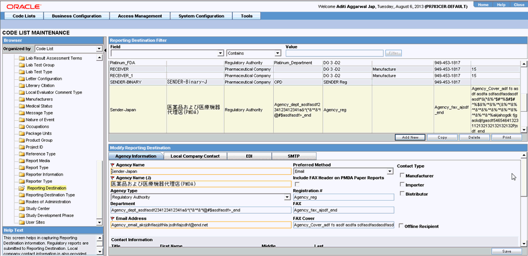 Code List Maintenance Reporting Destination screen