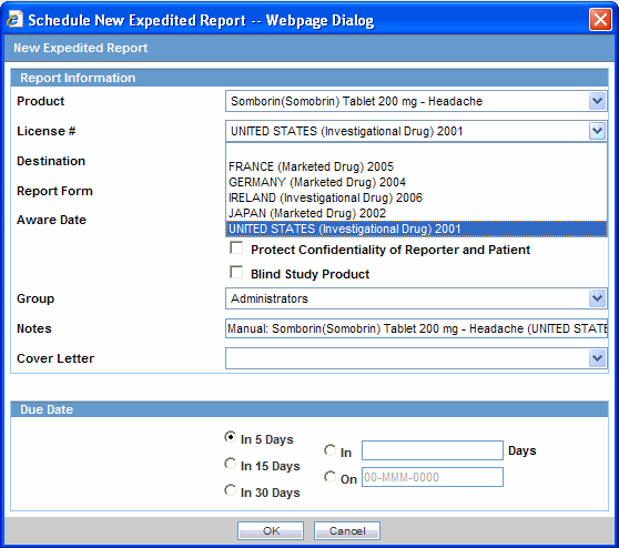 Schedule New Expedited Report screen