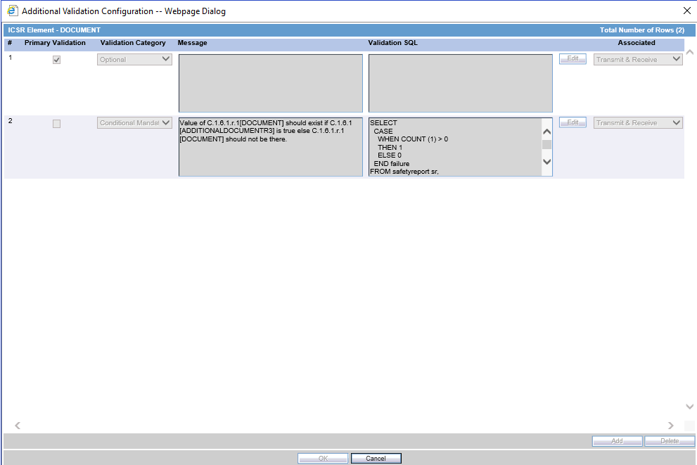 Additional Validation Configuration dialog box Additional Validation Configuration dialog box