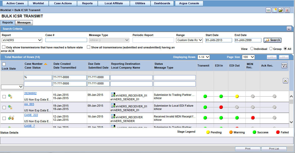 Bulk ICSR Transmit screen