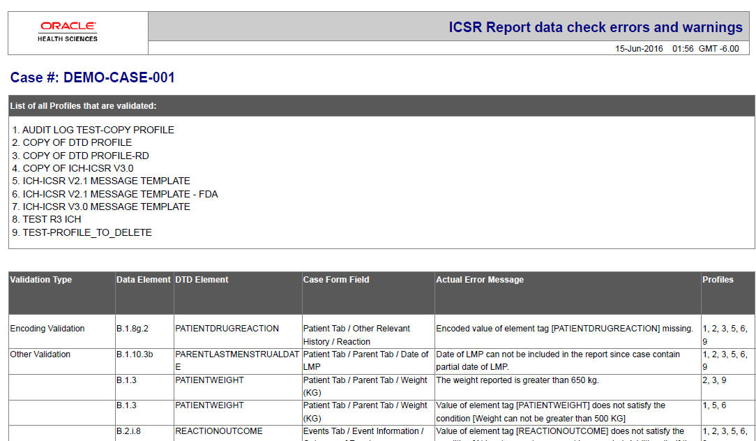 ICSR Report output screen