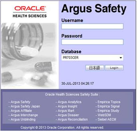 Oracle Argus Safety Login Dialog