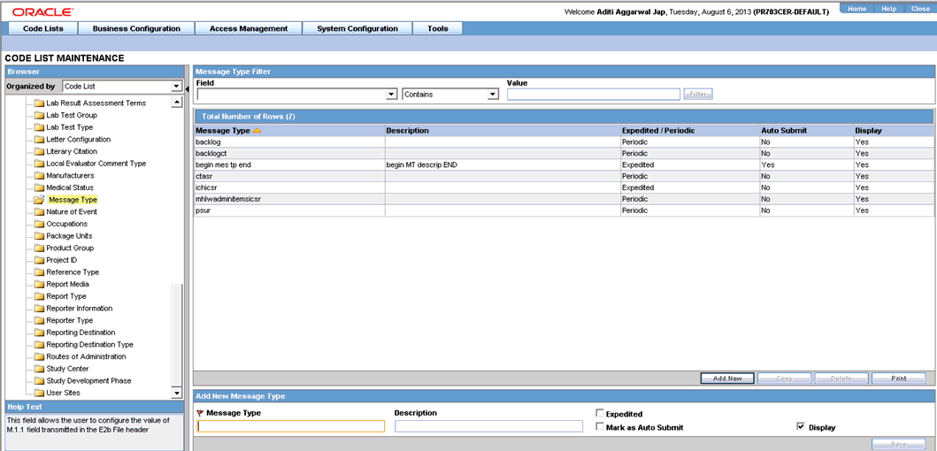 Configure a Message Type screen