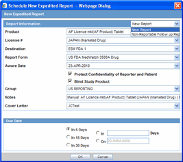 New Expedited Report Dialog Fields dialog box