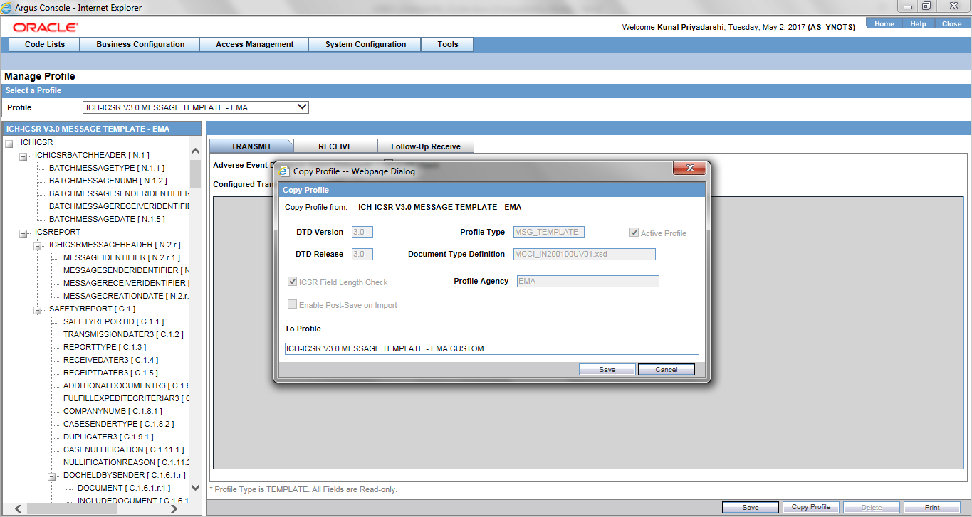Copy profile web dialog