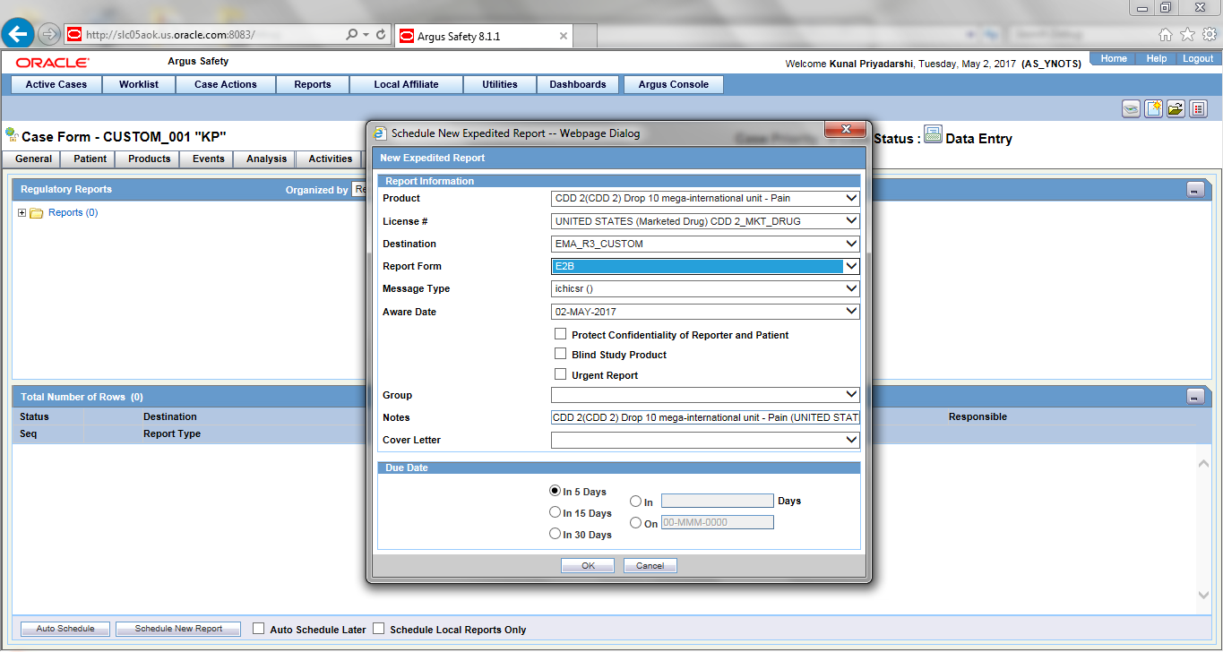 Schedule new expedited report dialog