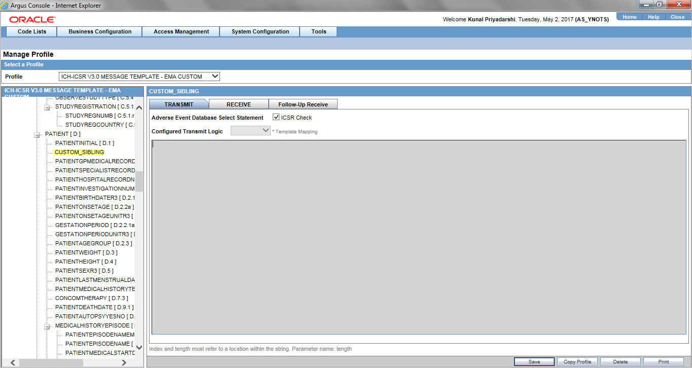 Manage profile screen
