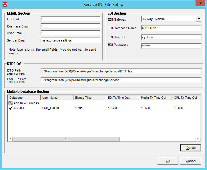 Service INI File Setup screen