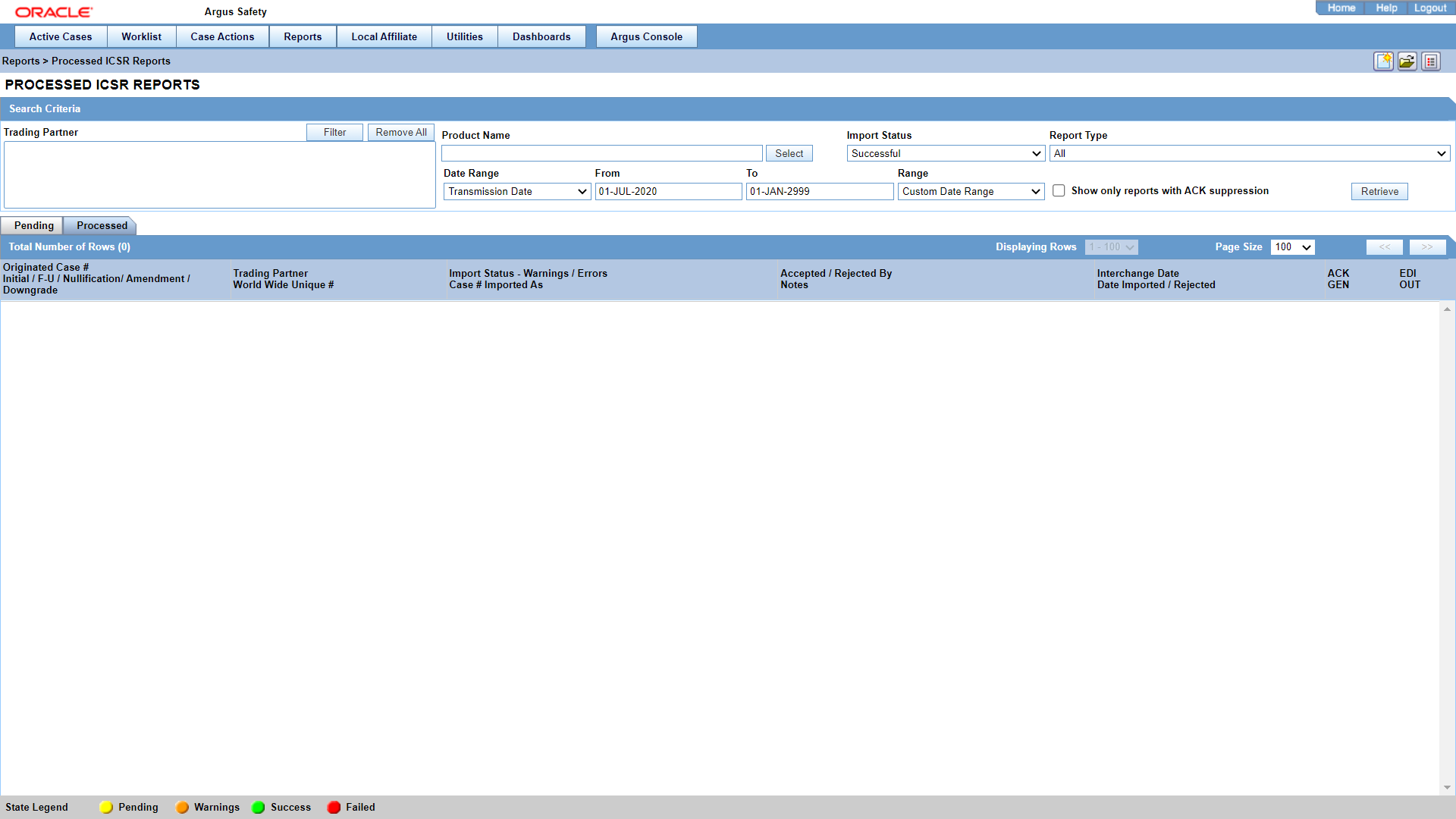 Processed ICSR Reports screen