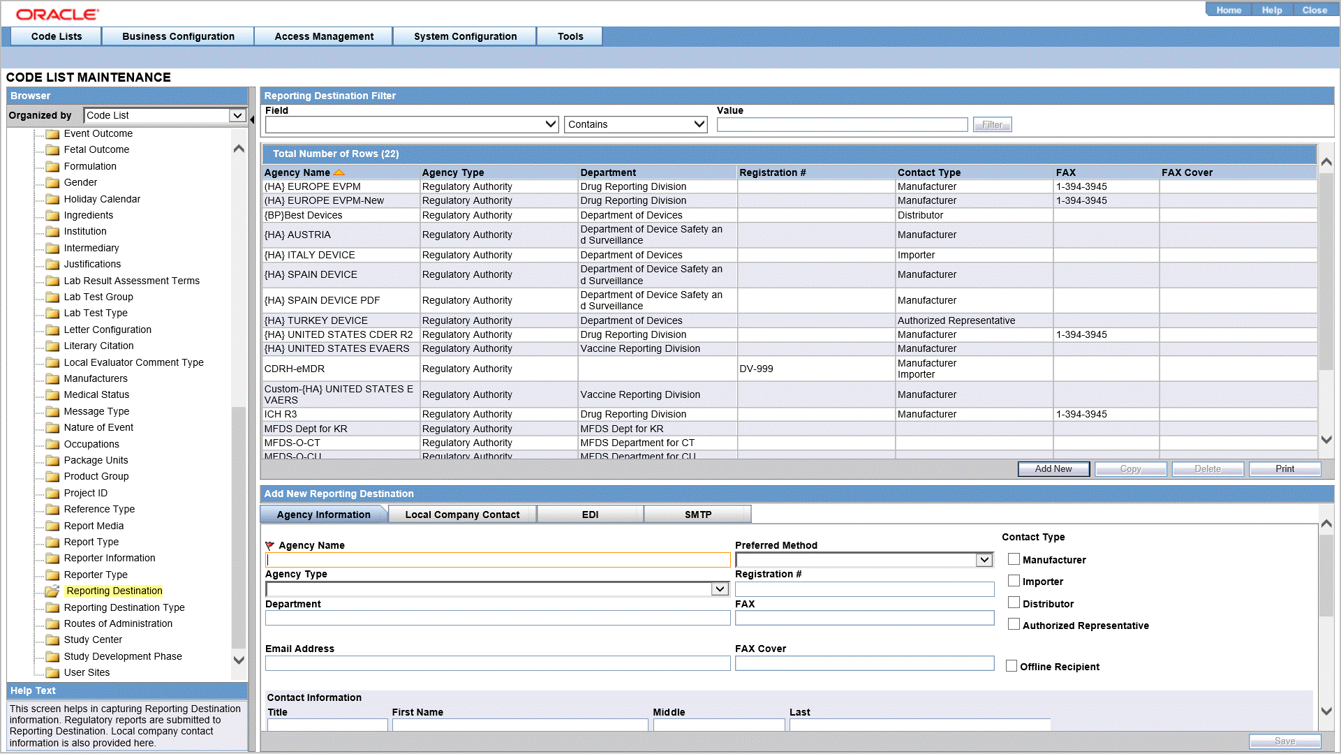 Add New Reporting Destination section