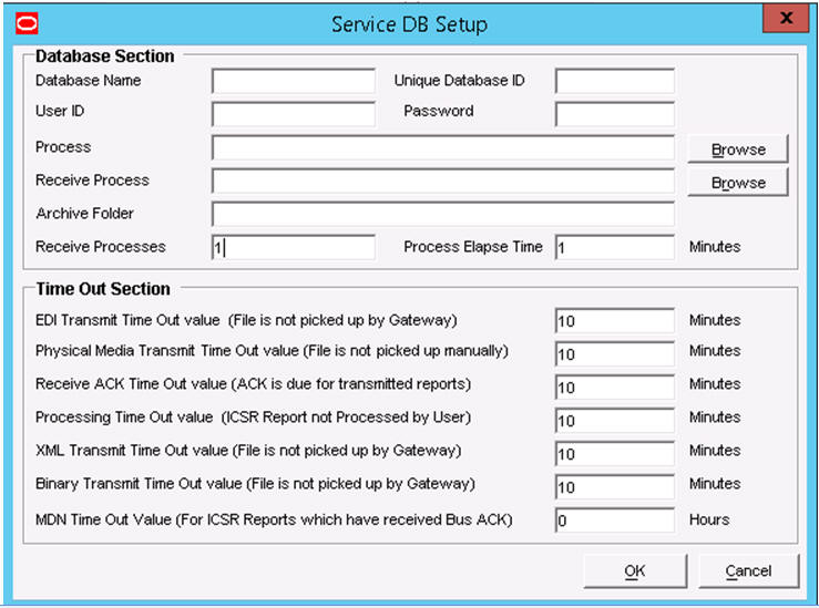 Service DB Setup screen