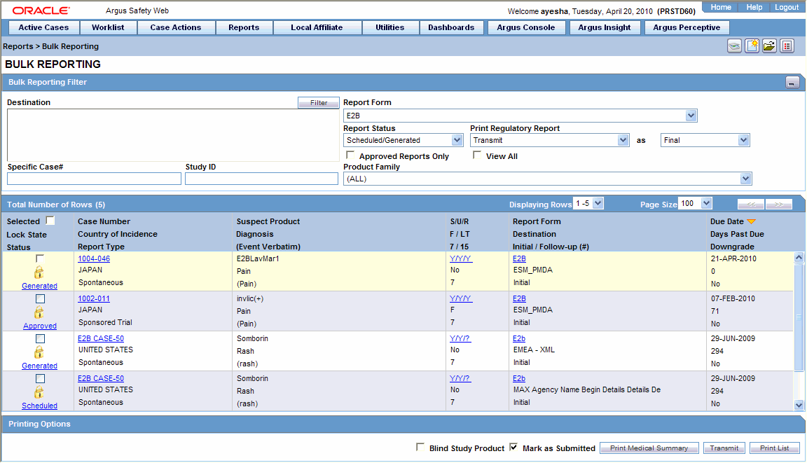 Bulk Reporting screen