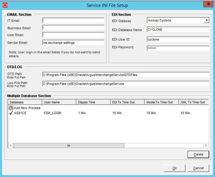 Service INI File Setup screen