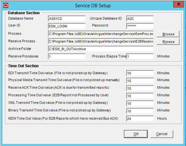 Service DB Setup screen