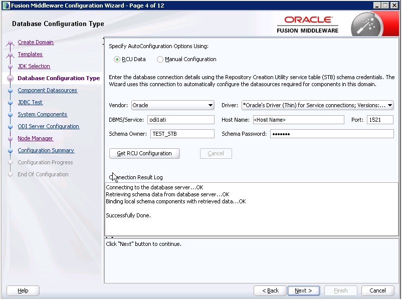 Database Configuration Type screen