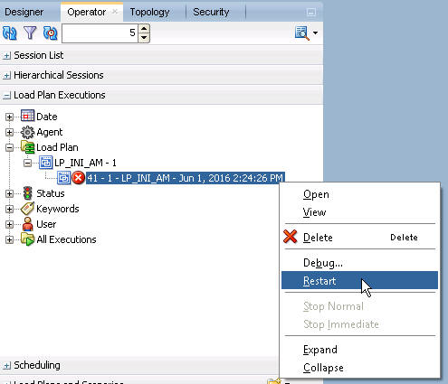 Drop-down menu to restarting the Initial ETL